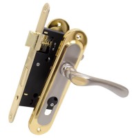 Комплект для вхідних дверей Bruno (ручка на планці 55910К6 + замок 968-45 без циліндра) матовий нікель/золото (36760)